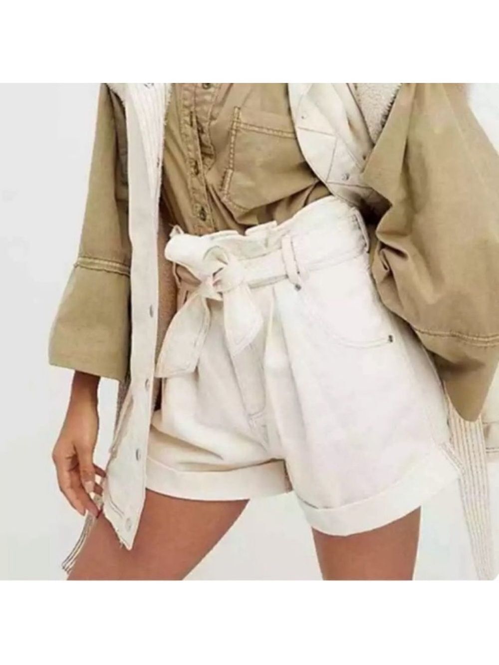 We The Free M Nova Ivory Paper Bag High Ruffle Waist Belted Cuffed Denim Shorts